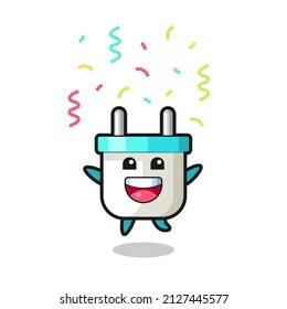 feliz mascota de enchufe eléctrico saltando por felicitación con confetti color , diseño de estilo lindo para camiseta, pegatina, elemento logo