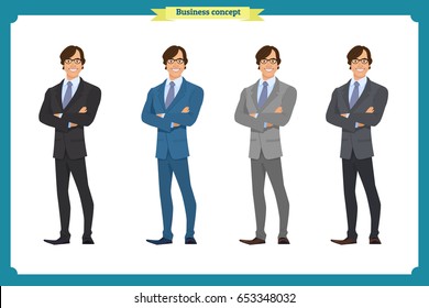 Happy elegant businessman in suit.Isolated vector on white.Standing Person.Business man cartoon.People character.Consulting, startup concept. Portrait of Full length. Lawyer.Front view man.Boss, CEO