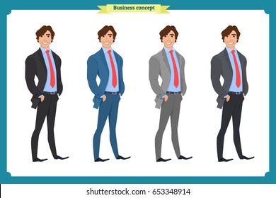 Happy elegant businessman in suit.Isolated vector on white.Standing Person.Business man cartoon.People character.Consulting, startup concept. Portrait of Full length. Lawyer.Front view man.Boss, CEO