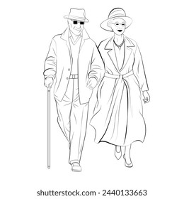Happy elegant elderly couple walking. An elderly man in a hat walks with a cane. An elderly woman in a hat walks arm in arm. Vector line art