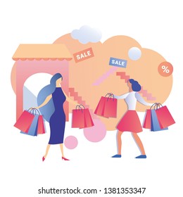 Happy Elegant Fashion Women Going Shopping Mall Shopaholic Cartoon Girls Characters Meeting after Visiting Stores Female Friends with Handbags full of Purchase Enjoy Retail Vector Illustration