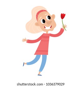 Happy elegant grandmother with flowers in cartoon style isolated on white. Vector illustration of cute standing old woman used for magazine, book, poster, greeting card.