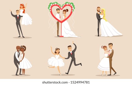 Happy Elegant Romantic Just Married Couples in Love Set, Newlywed Bride and Groom at Marriage Ceremony Vector Illustration