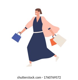 Happy elegant woman running carry shopping bags vector flat illustration. Smiling shopaholic female enjoying sale isolated on white background. Joyful buyer girl in dress holding purchases