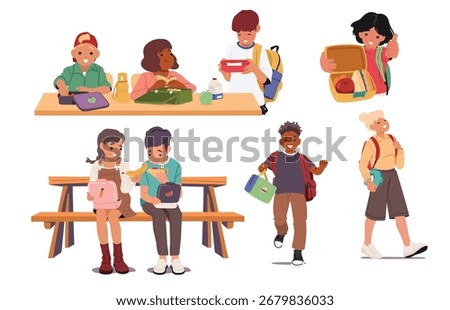 Happy elementary age school children taking break having breakfast enjoying lunch feeling hungry going to canteen isolated scene set. Boys girls eating snack in different places vector illustration