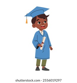 Happy elementary school boy in graduation gowns and cap. Education concept. Hand drawn style.