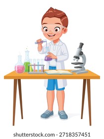 O menino feliz do ensino fundamental está estudando química, fazendo um experimento científico em laboratório químico. Ilustração de vetor de desenhos animados isolada sobre fundo branco.
