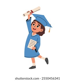 Feliz menina da escola primária com diploma em traje de graduação. Conceito de educação. Estilo desenhado à mão.