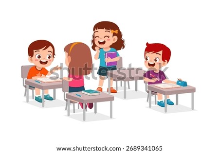 Happy elementary school kids studying together in classroom with cheerful expression