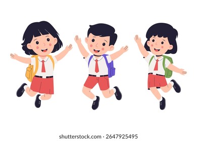 Happy Elementary School Students Jumping with Backpacks. Illustrations for websites, landing pages, mobile apps, posters and banners
