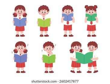 Happy Elementary School Students Reading Books Illustration