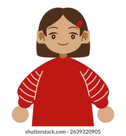Happy elementary schoolgirl in cozy striped sweater, winter character illustration