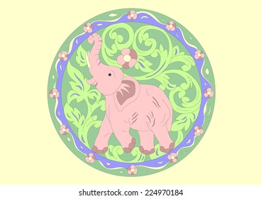 happy elephant with beautiful flower floral illustration vector drawing