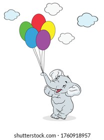 happy elephant brings colorful balloon hand draw vector illustration