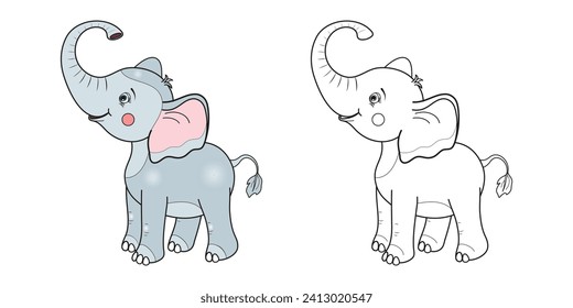 Happy elephant cartoon line and color. Cartoon vector illustration for coloring book