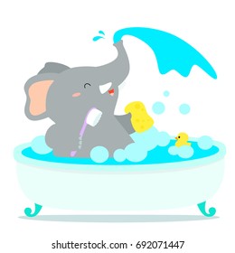 Happy elephant cartoon take a bath in tub vector illustration.
