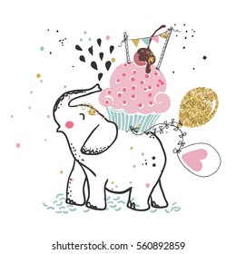 happy elephant with giant cupcake