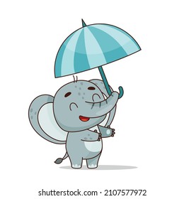 Happy elephant jumbo holding a striped umbrella with its trunk. Vector illustration for designs, prints and patterns.