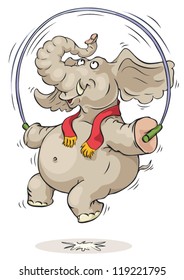 Happy elephant jumping over jump rope.