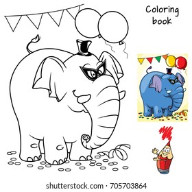 Happy elephant at masquerade with mask and hat. Coloring book. Cartoon vector illustration