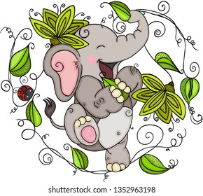 Happy elephant playing with green leaves shaped heart
