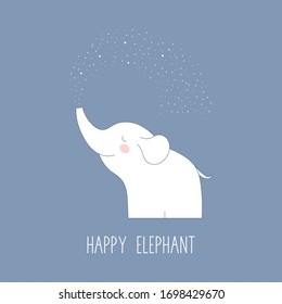 Happy elephant spray water with trunk. Drawn white elephant on a blue background. Vector illustration.