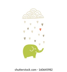 Happy Elephant under raining cloud , vector illustration