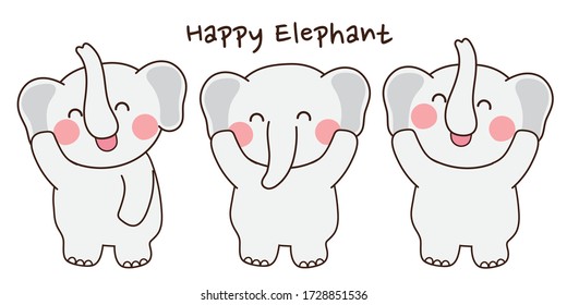 Happy elephant in various poses cartoon style banner.Cute animal doodle.Kid graphic.Kawaii.Hand drawn.Mascot.Vector.Illustration.