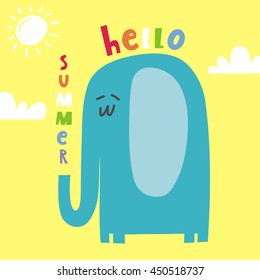 Happy elephant vector card. Hello summer