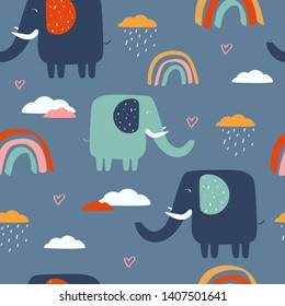 Happy elephants, clouds, rainbow, hand drawn backdrop. Colorful seamless pattern with animals and water drops. Decorative cute wallpaper, good for printing. Overlapping background vector