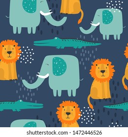 Happy elephants, crocodiles, lions, hand drawn backdrop. Colorful seamless pattern with animals. Decorative cute wallpaper, good for printing. Overlapping background vector