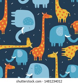 Happy elephants, giraffes, hand drawn backdrop. Colorful seamless pattern with animals. Decorative cute wallpaper, good for printing. Overlapping background vector