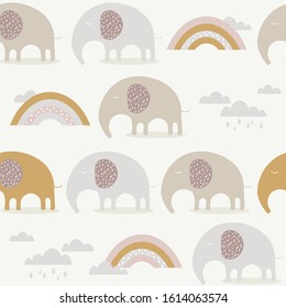 Happy elephants, hand drawn backdrop. Colorful seamless pattern with animals, sky. Decorative cute wallpaper, good for printing. Overlapping background vector