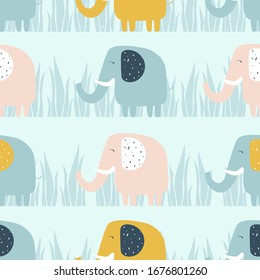 Happy elephants, hand drawn backdrop. Colorful seamless pattern with animals. Decorative cute wallpaper, good for printing. Overlapping background vector