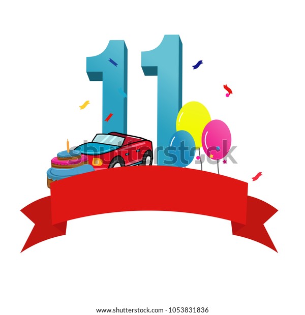 Happy eleventh birthday.\
Baby boy greeting card with race car, cake and balloons vector\
illustration