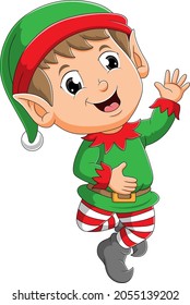 The happy elf boy with the santa hat is waving the hand of illustration