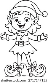 Happy elf character dressed in vibrant holiday outfit, showcasing a joyful pose, perfect for winter-themed designs and Christmas celebrations with copy space