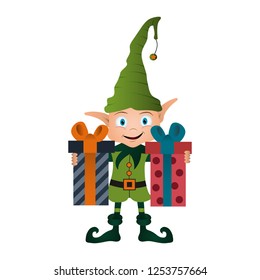 Happy elf character with two gift boxes in hands and a big green hat.