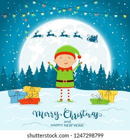 Happy elf with colorful Christmas lights and gifts on snow. Santa with reindeer and text Merry Christmas and Happy New Year on winter background, illustration.