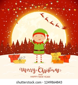 Happy elf with colorful Christmas lights and gifts on snow. Santa with reindeer and text Merry Christmas and Happy New Year on red winter background, illustration.