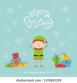 Happy Elf with colorful Christmas presents. Text Merry Christmas and Happy New Year with falling snowflakes on blue background, illustration.