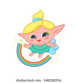 Happy elf fairy with wings conjured rainbow. Cute blond girl good sorceress in dress and with magic wand vector fantastic character isolated cartoon illustration.