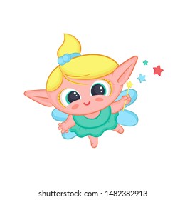 Happy elf fairy with wings. Cute blond girl good sorceress in dress and with magic wand conjuring stars vector fantastic character isolated cartoon illustration.