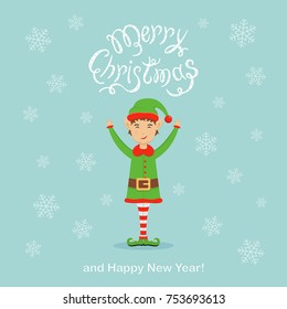 Happy elf and falling snowflakes with text Merry Christmas and Happy New Year on blue background, illustration.