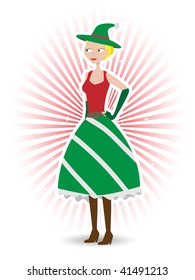 Happy Elf female in red and green dress with boots, ray beam background