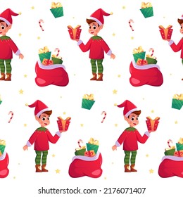 Happy elf in festive costumes seamless pattern on white background. Cute Santa helpers with Christmas gifts and Santa sack.