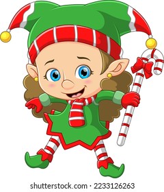 Happy elf girl carrying big candy cane of illustration