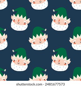 Happy elf head with a snowflake on a dark background. Seamless pattern. Merry Christmas. Happy New Year