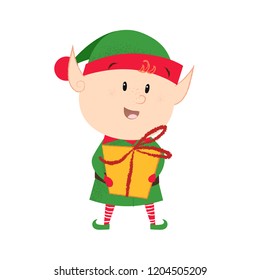 Happy elf holding gift box. Cartoon, Christmas present, assistant. New Year concept. Can be used for greeting cards, posters, leaflets and brochure