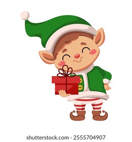 Happy elf holding gift box flat color vector character. Little man in green attire celebrating Christmas illustration on white background